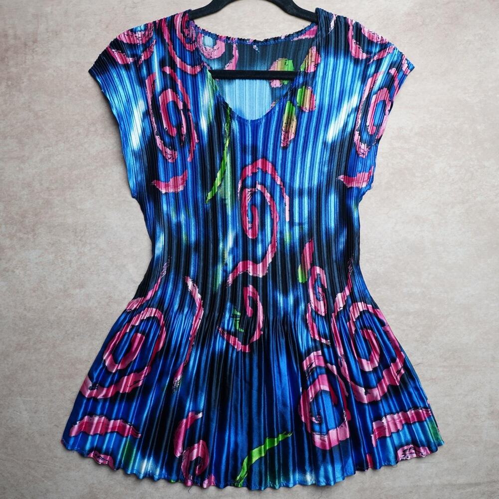 FC Pleated Abstract Print Top Blue Pink One Size Y2K